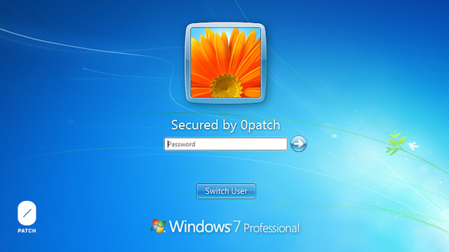 Schermata login Windows 7 con dicitura messo in sicurezza da 0patch
