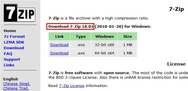 7-Zip download versione 18.01