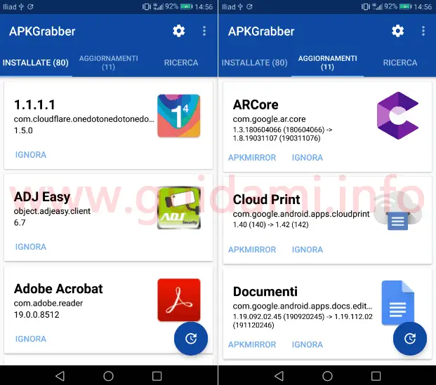 Interfaccia app APKGrabber per Android schede Installate e Aggiornamenti