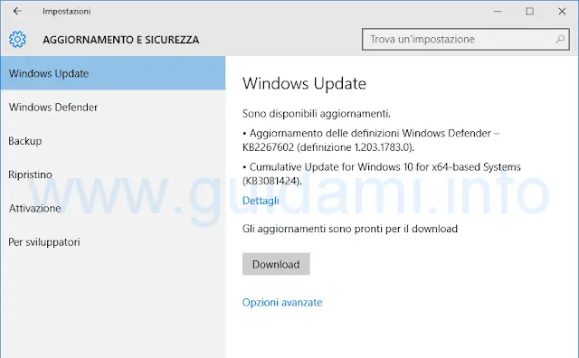 Aggiornamenti Windows 10 disponibili al download