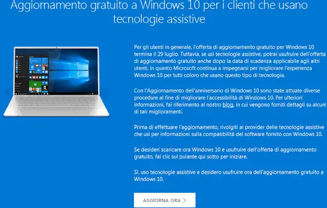 Aggiornamento gratis a Windows 10 tecnologie assistive
