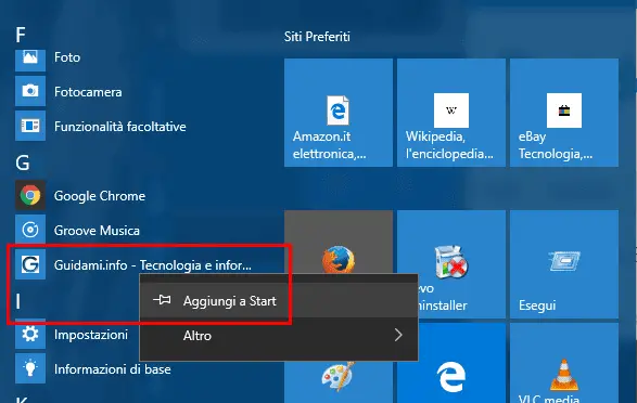 Aggiungere collegamento sito web a menu Start Windows 10