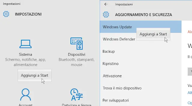 Aggiungere impostazioni Windows 10 a Start