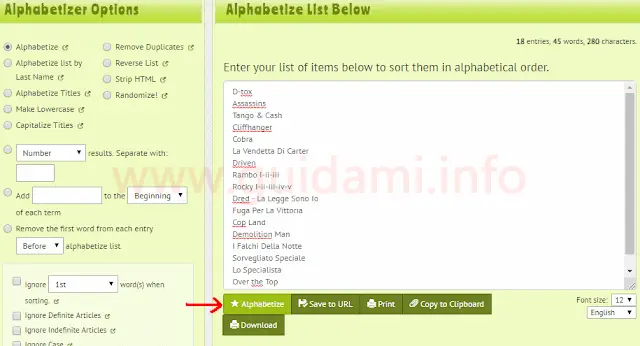 Interfaccia del servizio web Alphabetizer per ordinare alfabeticamente una lista di parole