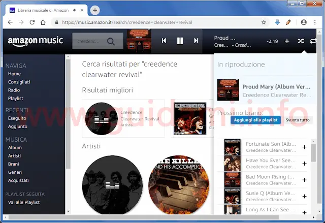 Schermata del player Amazon Music su Chrome desktop