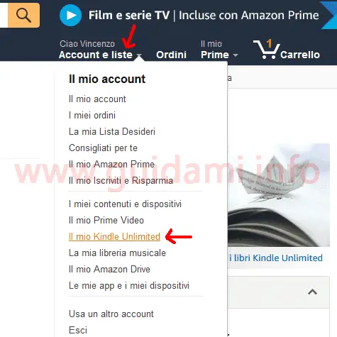Amazon menu Account e liste Il mio Kindle Unlimited