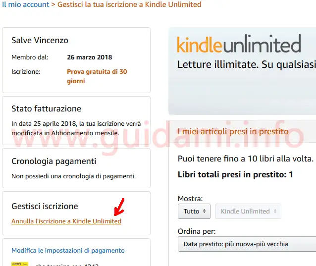Amazon pagina gestione iscrizione Kindle Unlimited