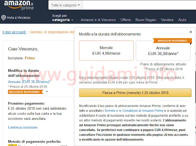 Amazon pagina web gestione abbonamento Prime