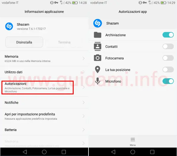 Android 6 schermata per disattivare permessi app