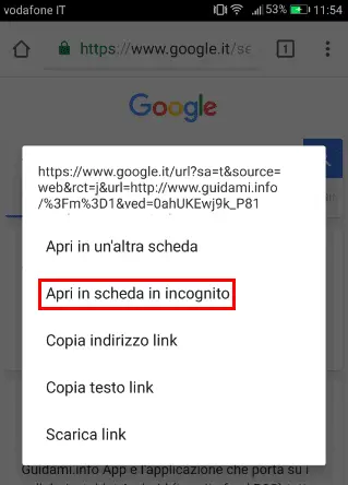 Android Chrome popup opzione Apri in scheda in incognito