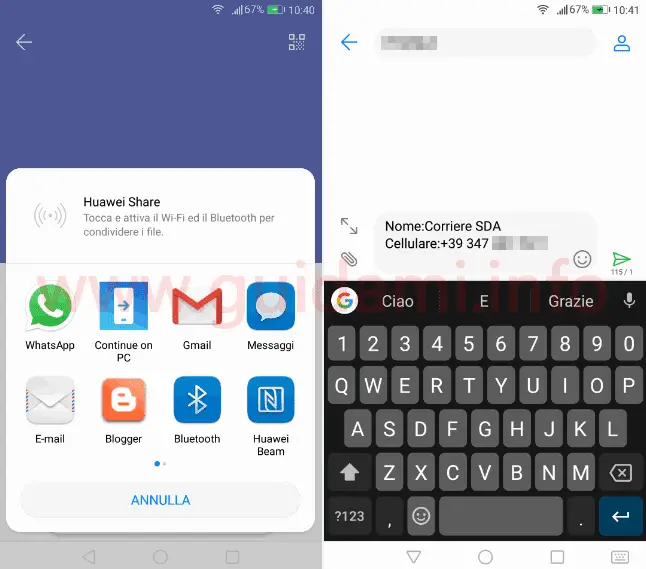 Android Opzioni Condivisione contatto
