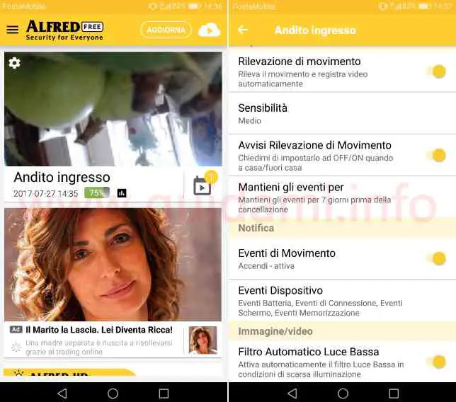 App Android Alfred gestione videocamera sorveglianza