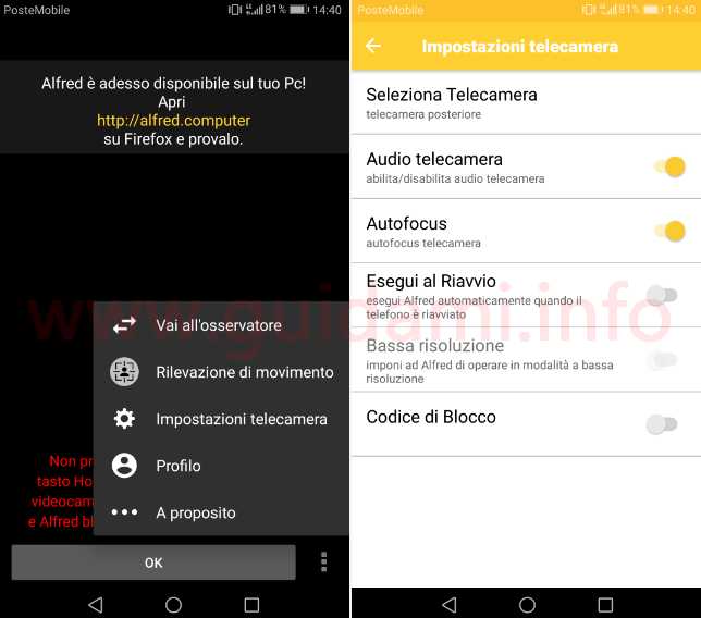 App Android Alfred impostazioni videocamera sorveglianza