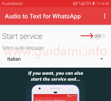 App Android Audio to Text per WhatsApp attivare servizio