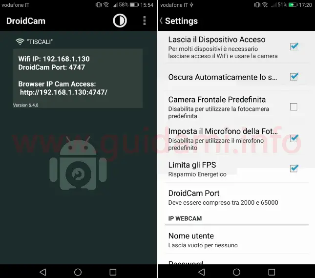 App Android DroidCam info rete e impostazioni