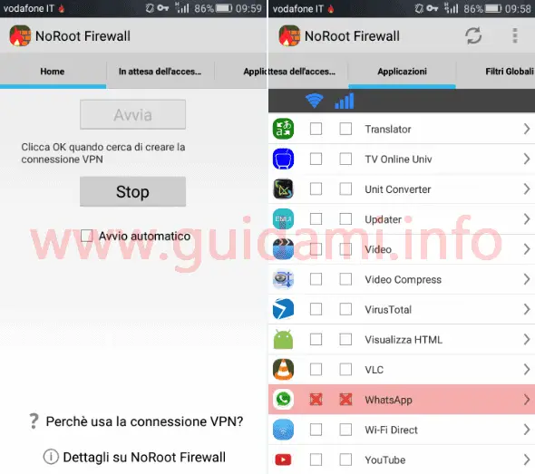 App Android NoRoot Firewall per disattivare internet su WhatsApp