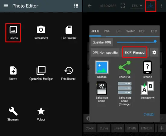 App Android Photo Editor eliminare EXIF GPS foto
