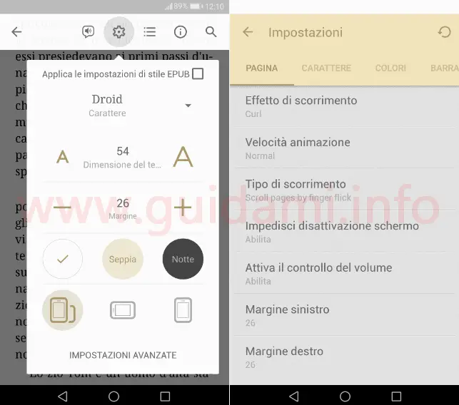 App Android eReader Prestigio impostazioni
