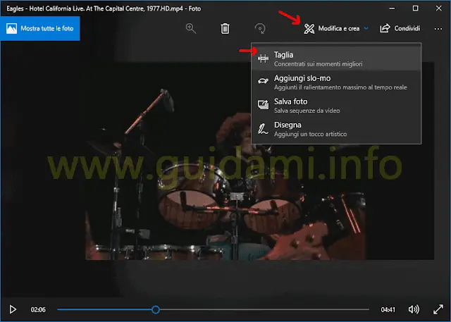 App Foto Windows 10 menu opzione Taglia video