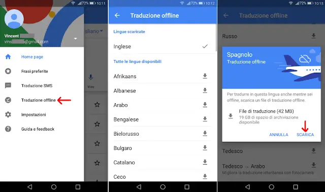App Google Traduttore Android procedura per scaricare lingue offline