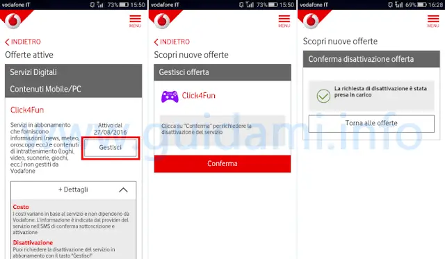 App My Vodafone disattivare servizi in abbonamento
