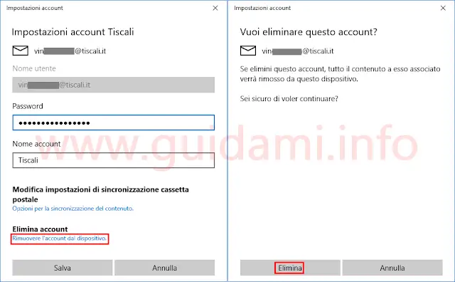 App Posta Windows 10 eliminare account email