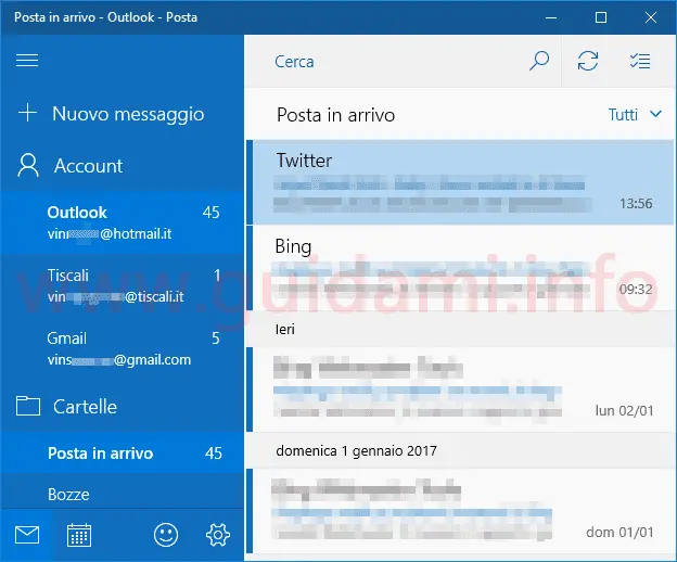 App Posta Windows 10 più account email nella schermata iniziale