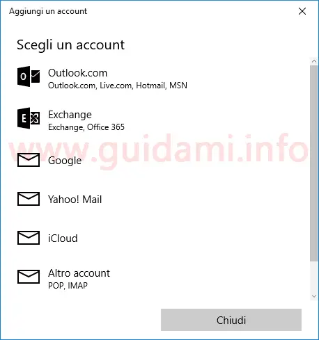 App Posta Windows 10 scegliere account email da aggiungere