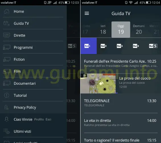 App RaiPlay menu e sezione Guida TV