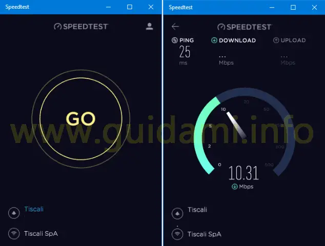 App Speedtest by Ookla per Windows 10 avvio misurazione velocità internet