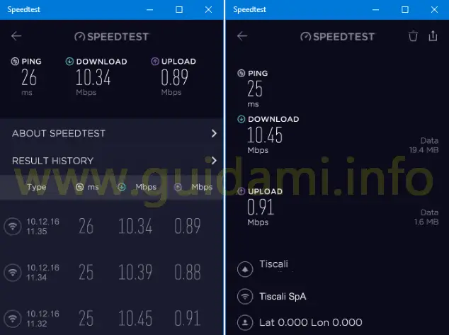 App Speedtest by Ookla per Windows 10 cronologia misurazioni velocità internet