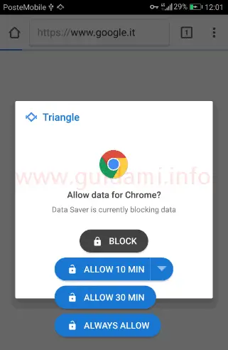 App Triangle Android notifica permesso utilizzo dati app