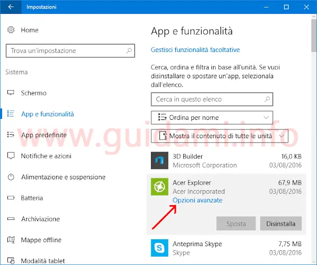App Windows 10 link Opzioni avanzate