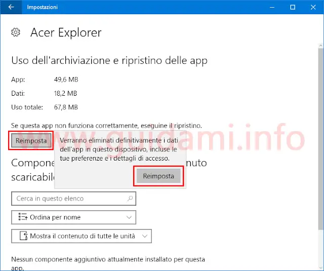 App Windows 10 reimpostare applicazione