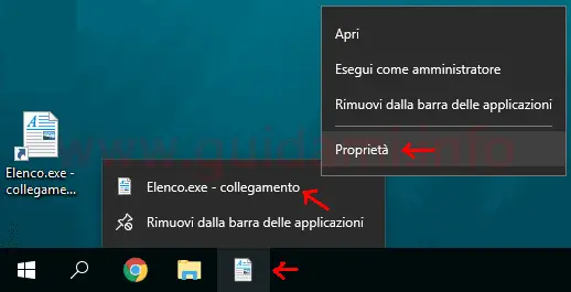 Aprire proprietà file aggiunto a barra applicazioni Windows 10