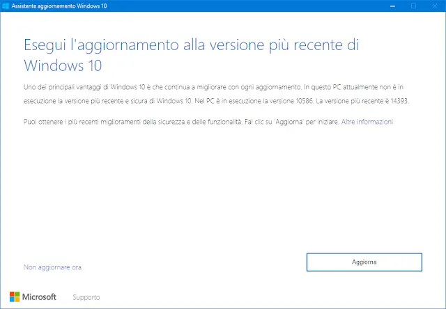 Assistente aggiornamento Windows 10 Anniversary Update