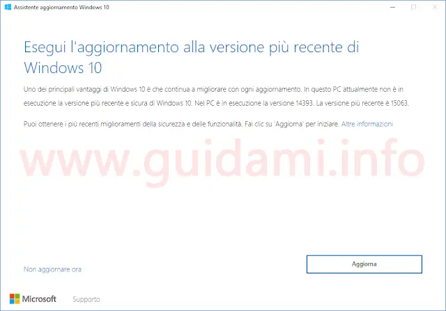 Assistente aggiornamento Windows 10 Creators Update prima schermata