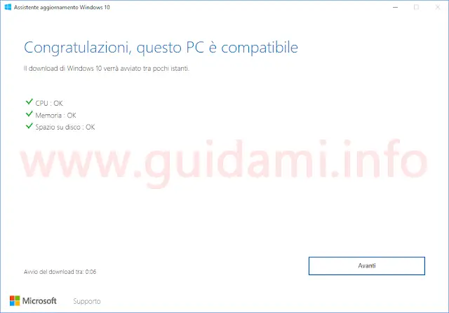 Assistente aggiornamento Windows 10 Creators Update seconda schermata