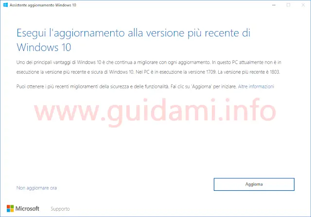 Assistente aggiornamento Windows 10 versione 1803