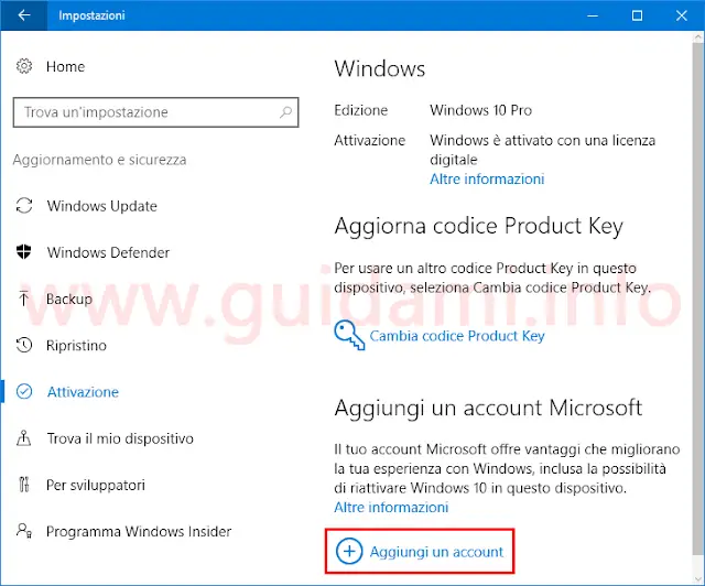 Attivazione Windows 10 Aggiungi account Microsoft