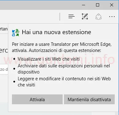Autorizzazioni attivazione estensione Microsoft Edge