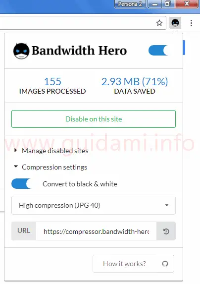 Bandwidth Hero popup di gestione opzioni dell'estensione