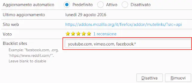 Blacklist sites MuteLink addon Firefox