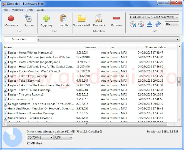 BurnAware Free 10 finestra selezione file e opzioni masterizzazione