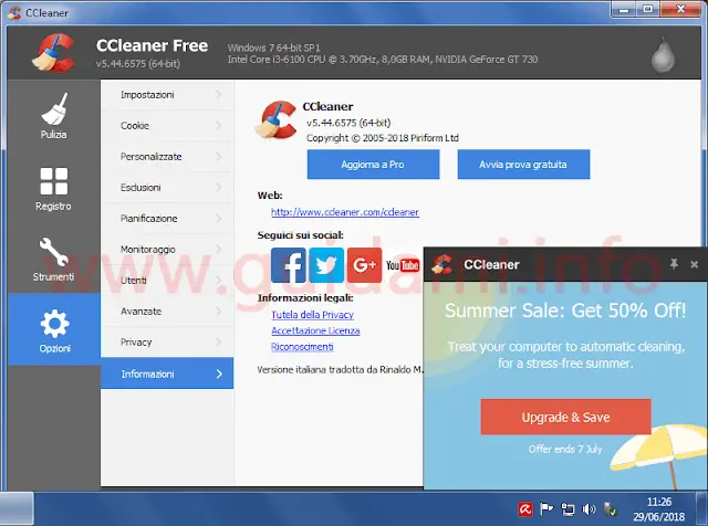 CCleaner 5.44 annuncio pubblicitario sullo schermo in Windows