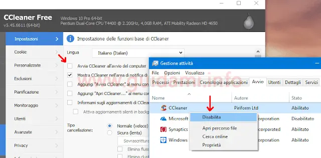 CCleaner 5.45 Impostazioni e Task Manager di Windows