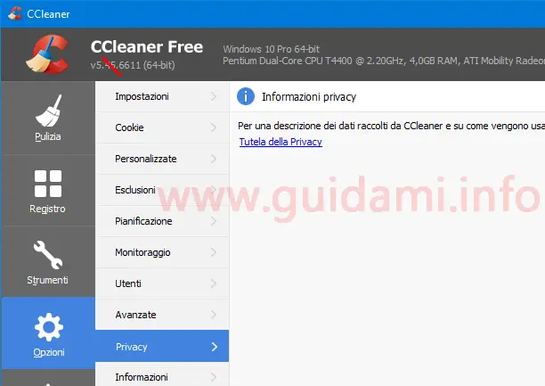 CCleaner 5.45 schermata Opzioni Privacy