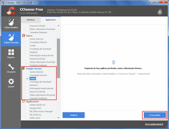CCleaner Pulizia avanzata eliminare solo i cookie di Chrome