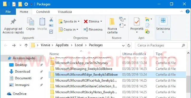 Cartella Packages Microsoft Edge da eliminare