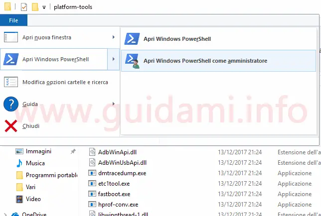 Cartella Windows menu File opzioni Apri PowerShell come amministratore